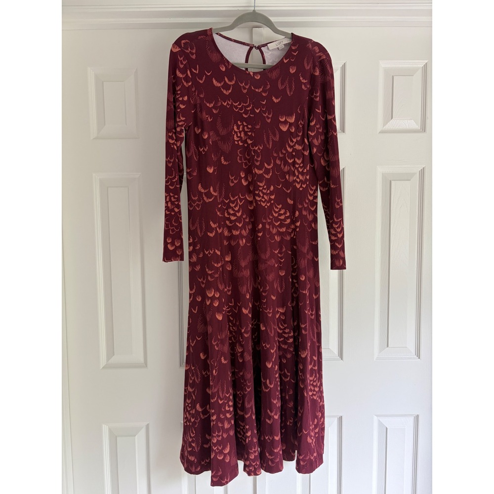 Loft Midi Dress Women MP Burgundy New Feather Print Long Sleeve Whimsigoth Boho